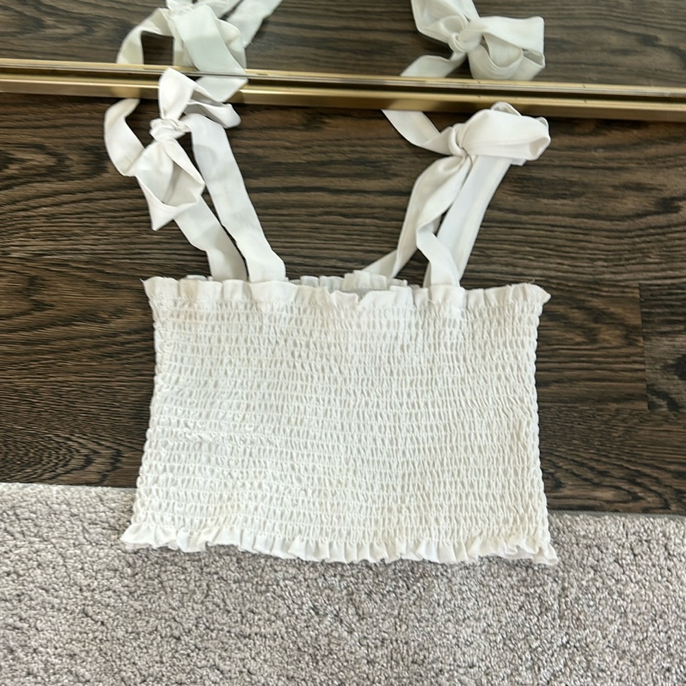 Smocked ruffle white top with ties